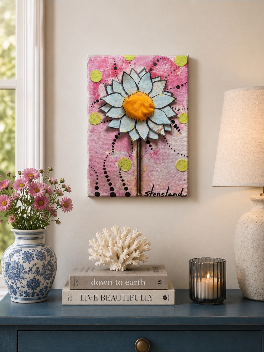 Handmade 3D Mixed Media Blue Flower Wall Art 8x10